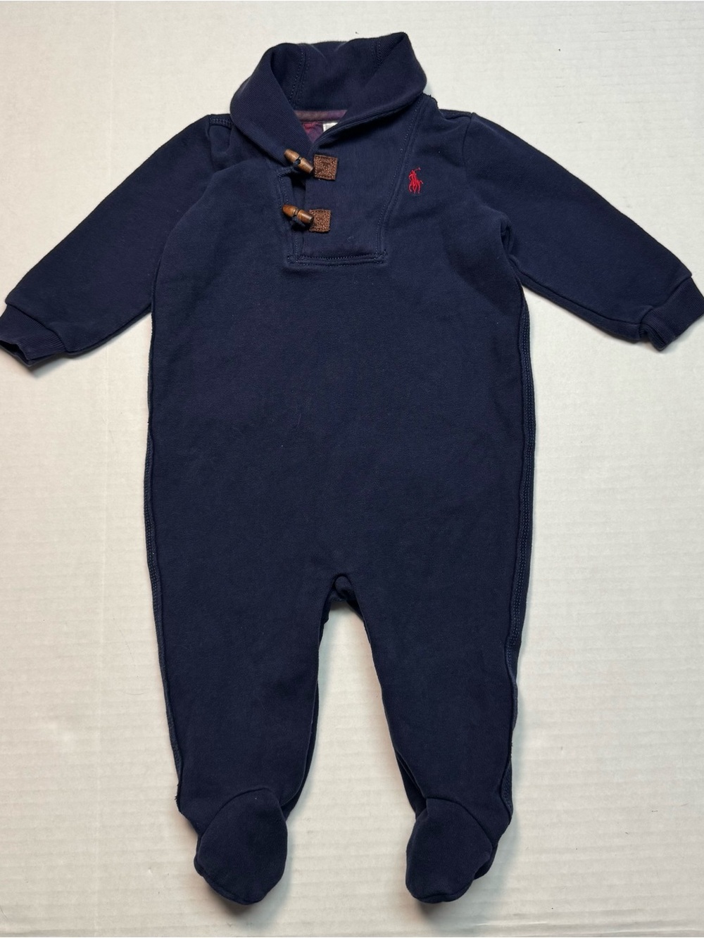 Ralph Lauren Fleece Footed Shawl Collar Romper Faux Leather Elbow Patches 6M